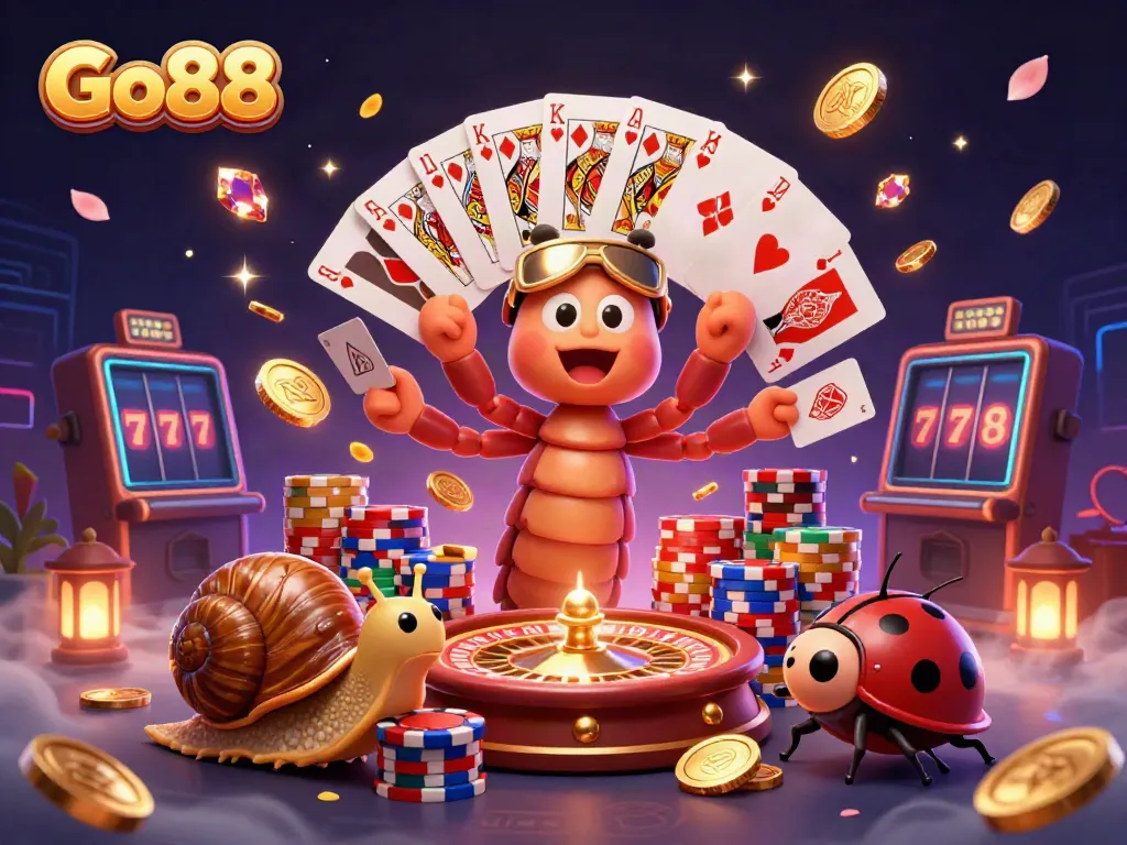 Experience Go88’s vibrant online gaming atmosphere with a unique cartoon casino scene.