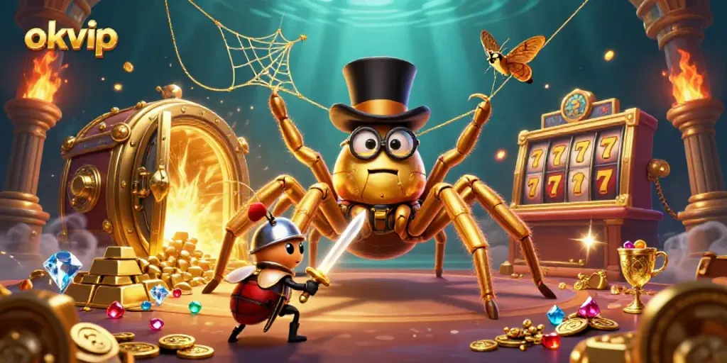 An engaging illustration showcasing okvip with a golden tarantula, beetle knight, and casino elements creating a lively gaming scene.