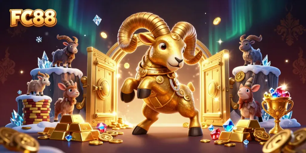Join the action at FC88 with a golden ram crashing through a treasure vault amidst shimmering jewels.