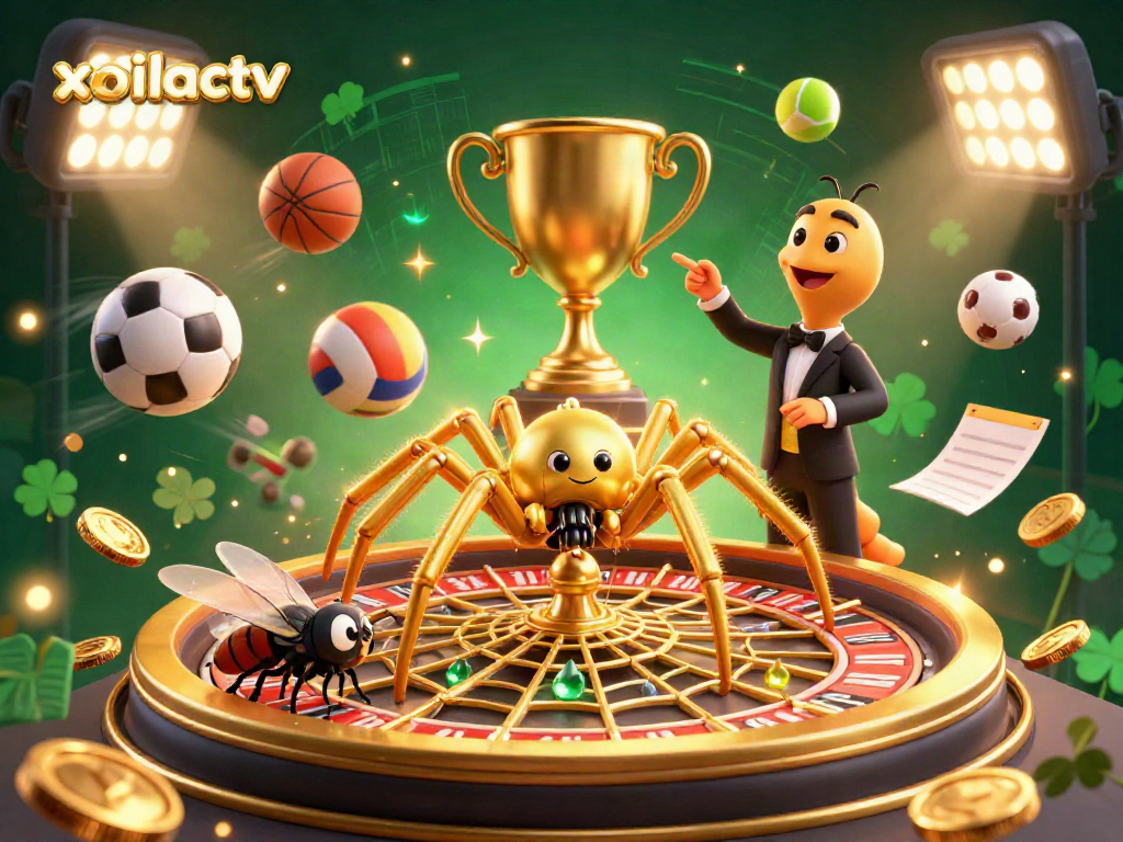 Xoilactv showcases a vibrant 3D scene of a golden spider spinning a roulette web with sports elements, highlighting dynamic betting energy.