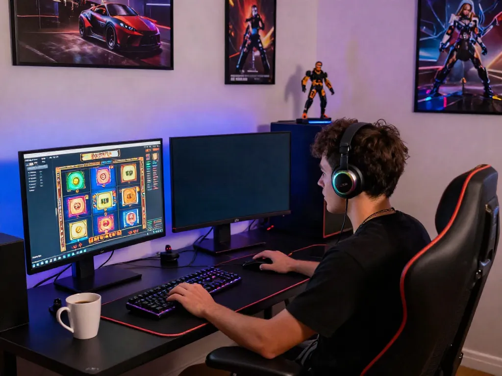 Gamer engaged in dynamic gameplay on situs slot777 with multi-monitor setup and vibrant lighting.