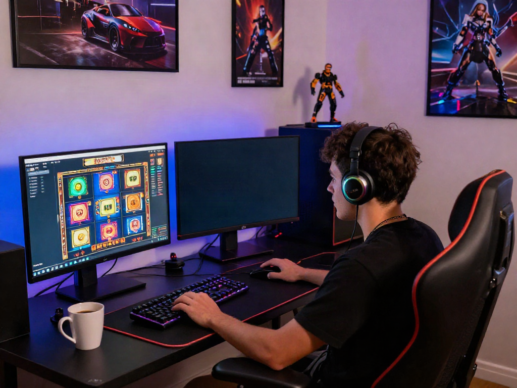 Gamer engaged in dynamic gameplay on situs slot777 with multi-monitor setup and vibrant lighting.