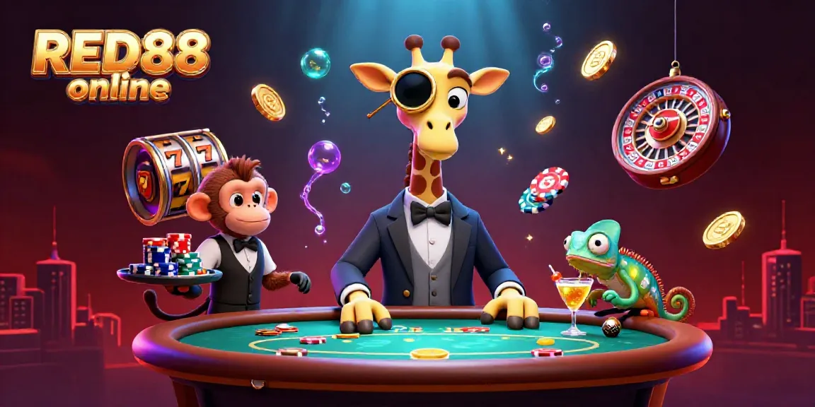 Experience captivating gameplay at RED88 online with a high-roller giraffe, monkey valet, and illuminated casino elements.