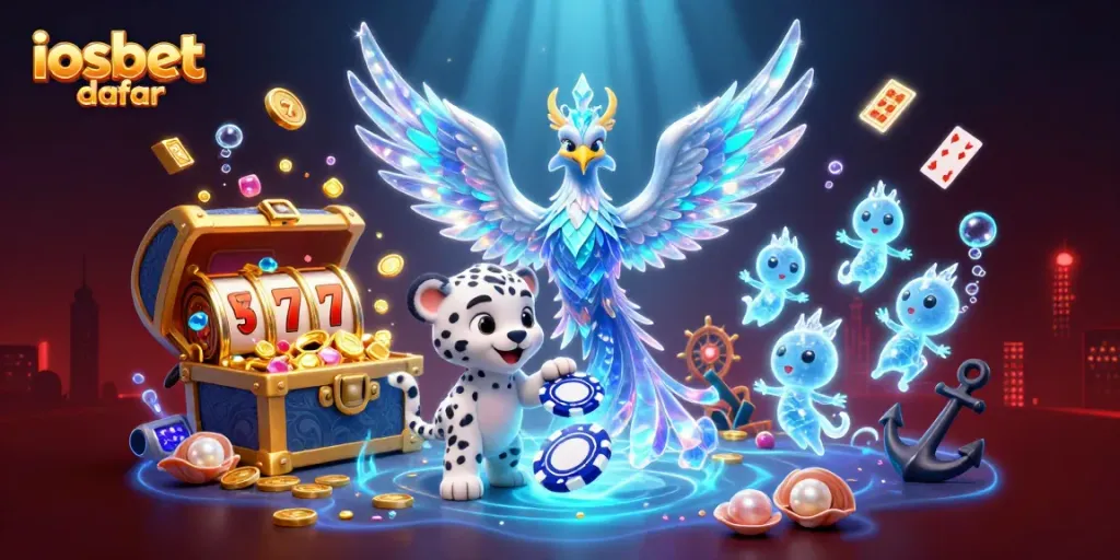 Membawa semangat taruhan dengan iosbet daftar, ilustrasi kartun 3D menampilkan phoenix es dan simbol slot menarik.
