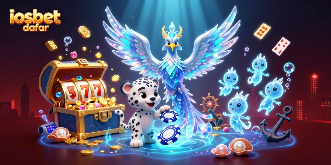Membawa semangat taruhan dengan iosbet daftar, ilustrasi kartun 3D menampilkan phoenix es dan simbol slot menarik.